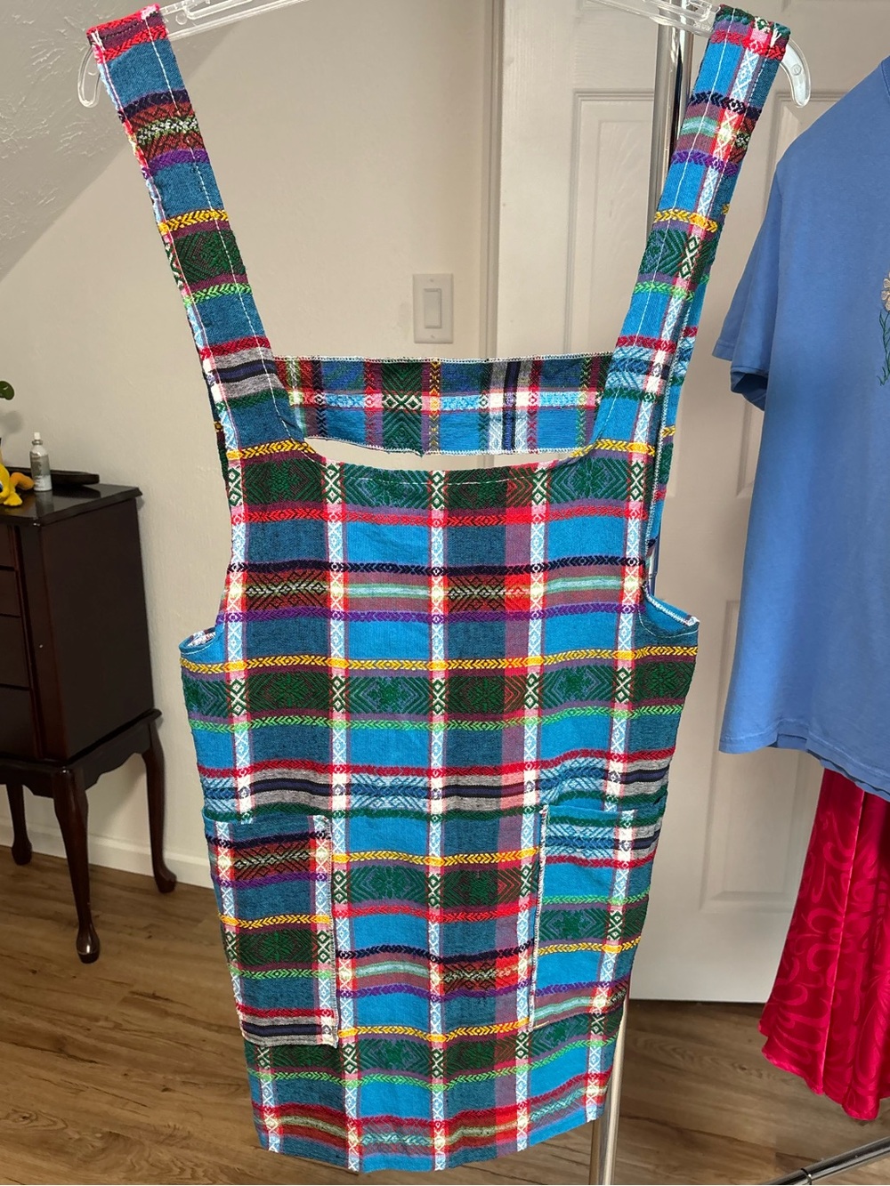 Handmade plaid, pinafore style apron. Traditional, southwestern style. One size